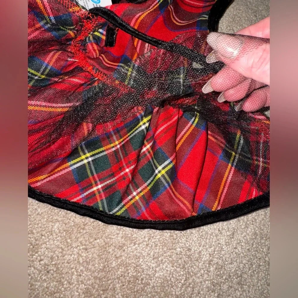 Red Tartan Plaid Christmas Dress with bows and Gems for Dogs Size Small